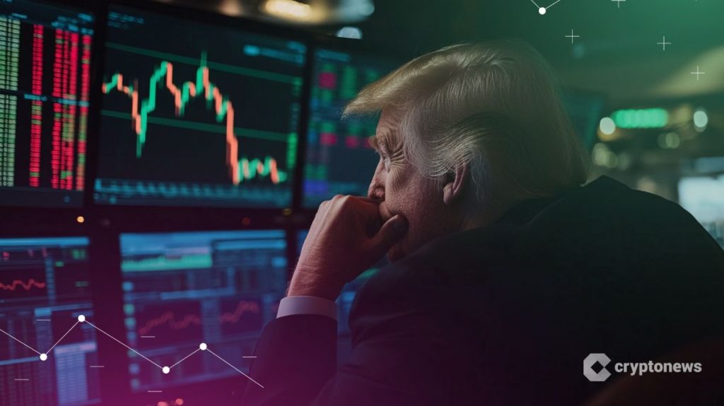 WLFI kuvituksessa Donald Trump katsoo tietokoneen näyttöä, jossa kurssikäyrä.