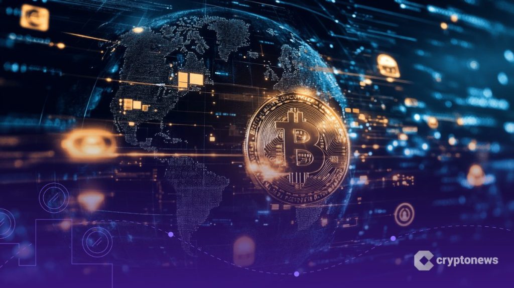 tokenisaatio-kuvituksena bitcoin futuristisessa ympäristössä.
