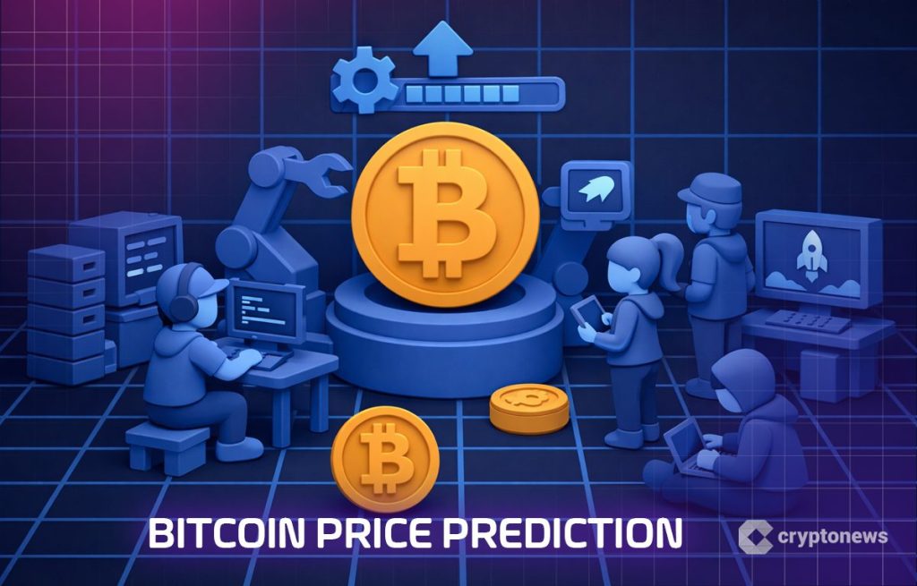 Piirroskuva, jossa Bitcoin on pöydällä tutkittavana. Bitcoin hintaennuste -teksti.