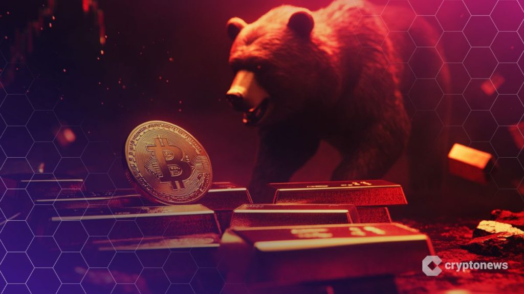 Vaneck-uutisen kuvituksena karhu ja bitcoin-kolikko