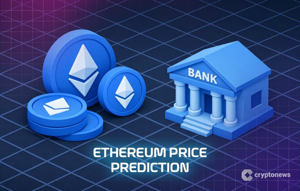 Ethereum hintaennuste -teksti, ETH-kolikoita ja pankkirakennus piirrettynä.