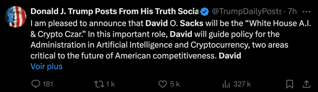 Tweet de Donald Trump sur le média Truth Social concernant la nomination de David Sacks