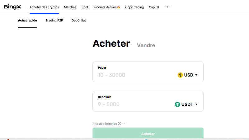 Achat crypto sur BingX