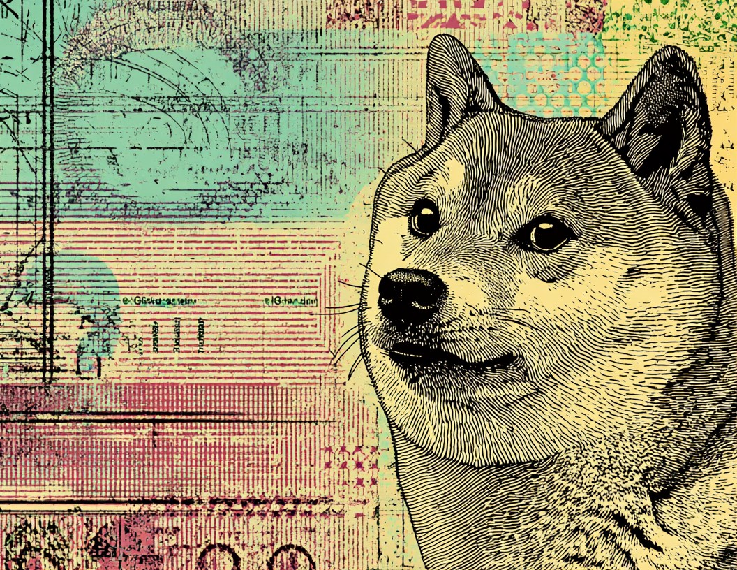 Immagine in stile pop art di Kabosu, cane simbolo di Dogecoin