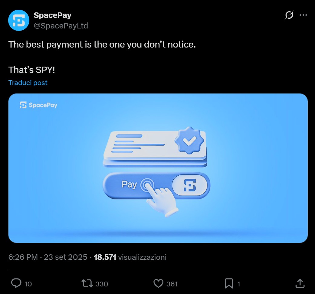 Screenshot del post di SpacePay pubblicato su X