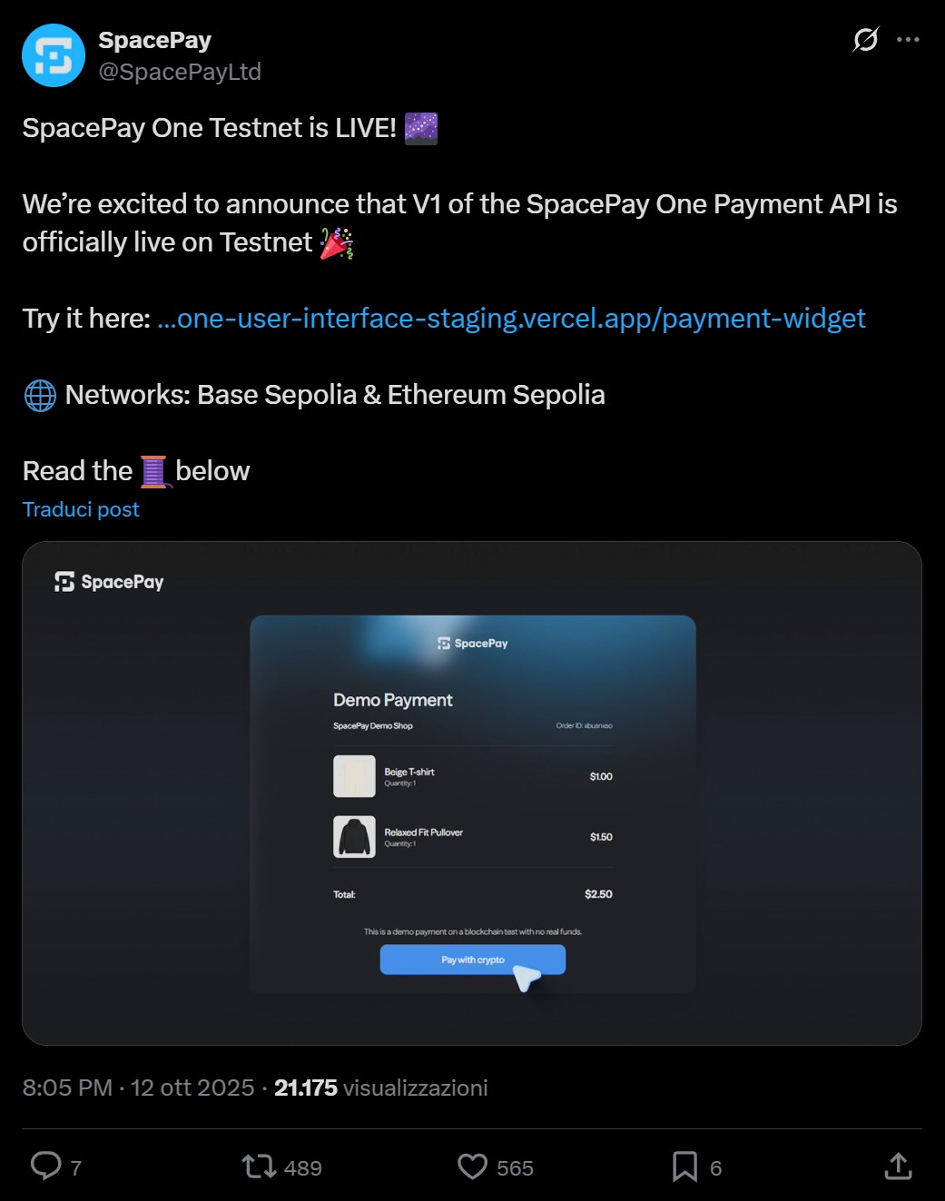 Screenshot di un post promozionale per la prevendita di SpacePay
