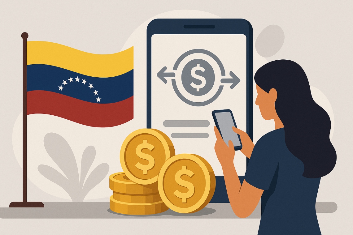 Donna venezuelana usa smartphone per pagamenti in stablecoin e dollari digitali.