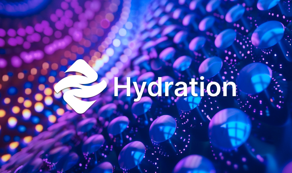 Logo Hydration su sfondo futuristico con luci blu e viola.