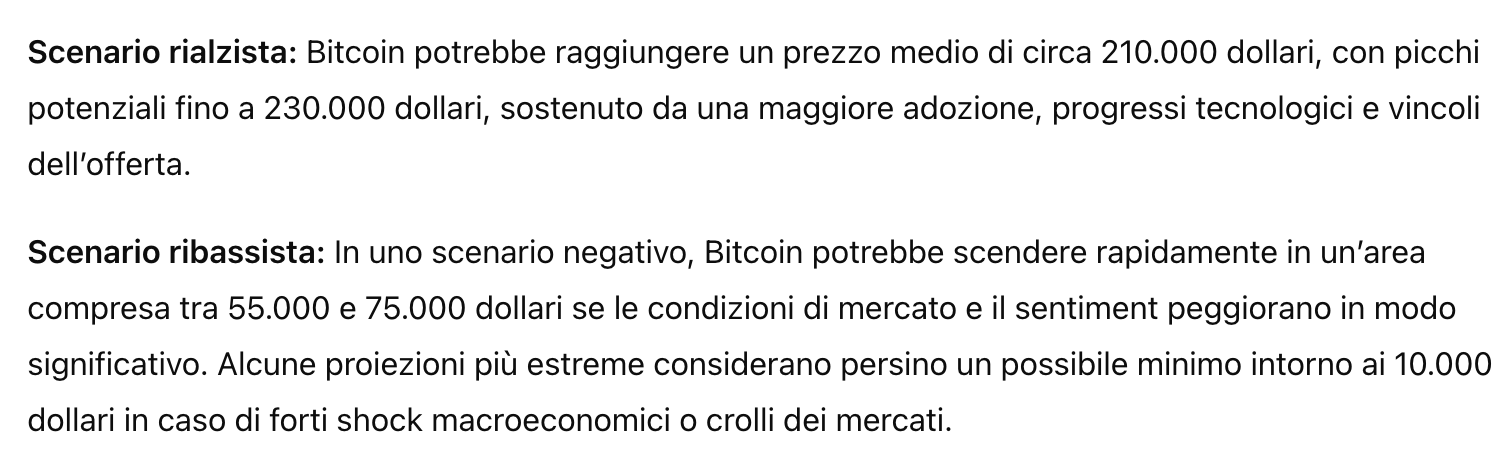 Previsione del prezzo di BTC. Fonte: Perplexity