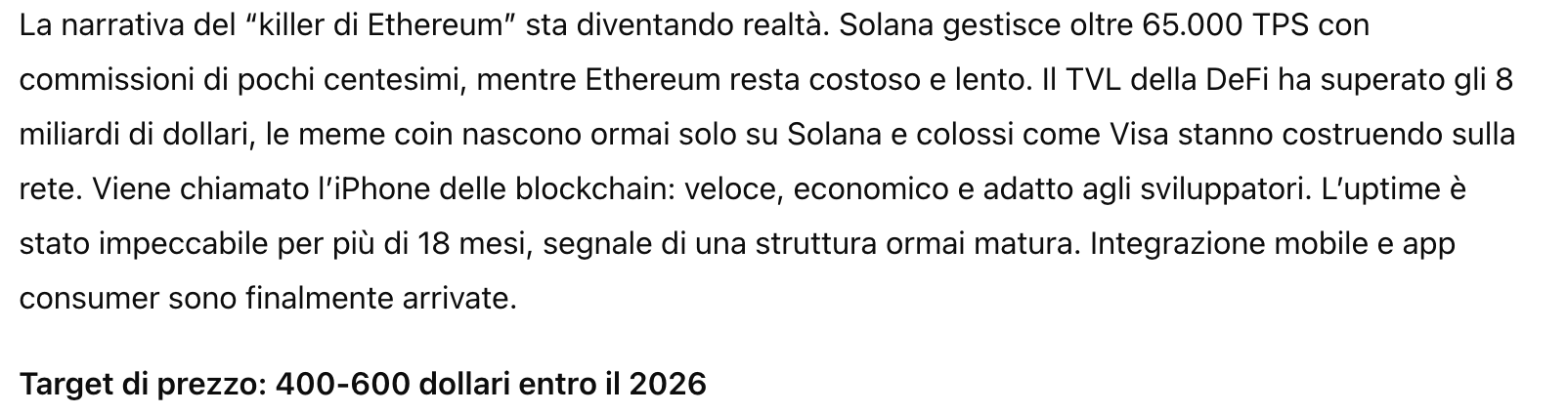 Previsone del prezzo di Solana