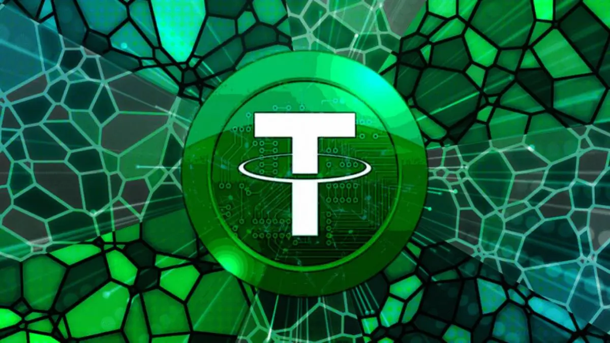 Abstract digital background featuring the Tether logo in green hues.
