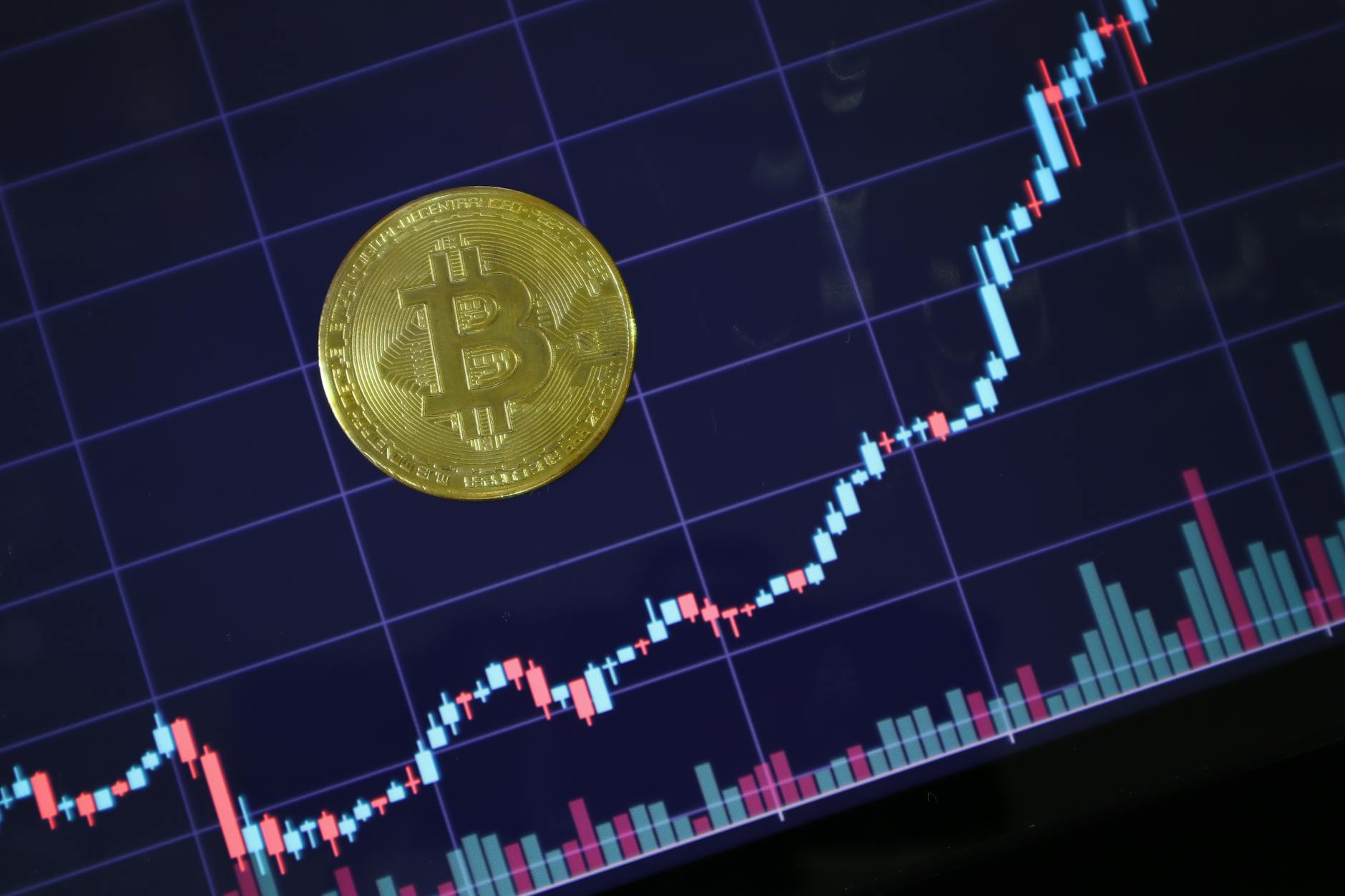 Bitcoin coin on top of a fluctuating cryptocurrency market chart with candlesticks.