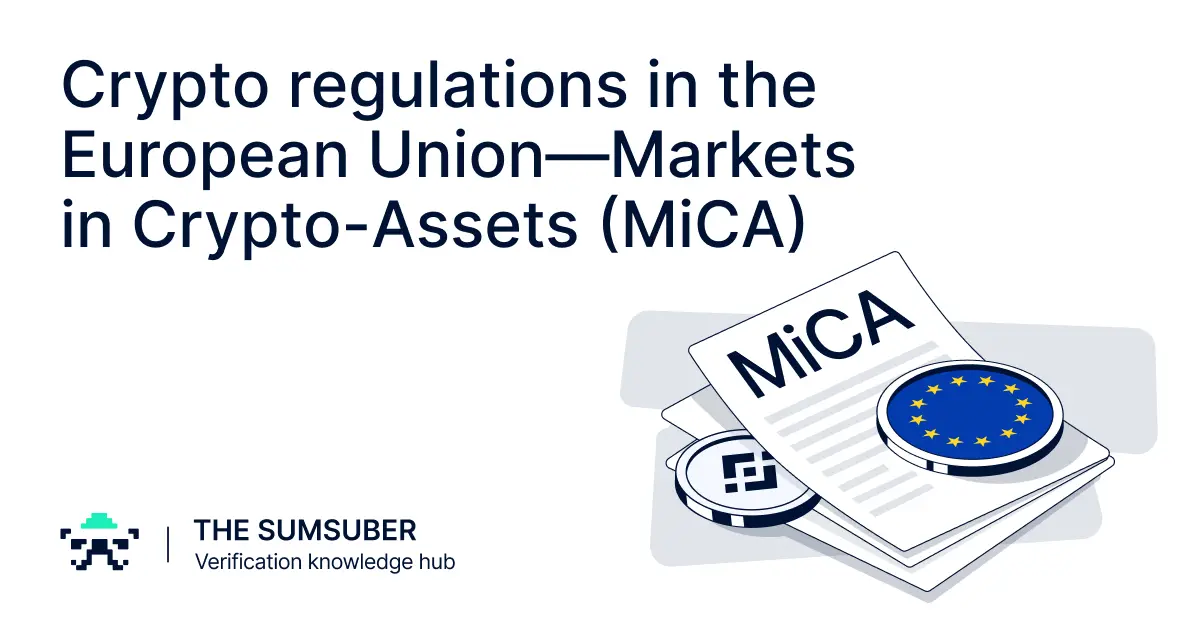 Illustration of MiCA regulations featuring EU flag and crypto icons.