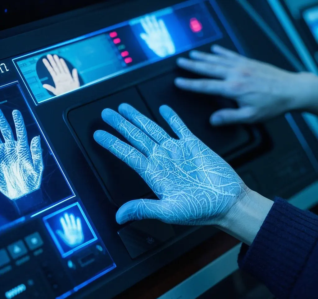 Close-up of a biometric palm recognition device screen with a hand placed on it.