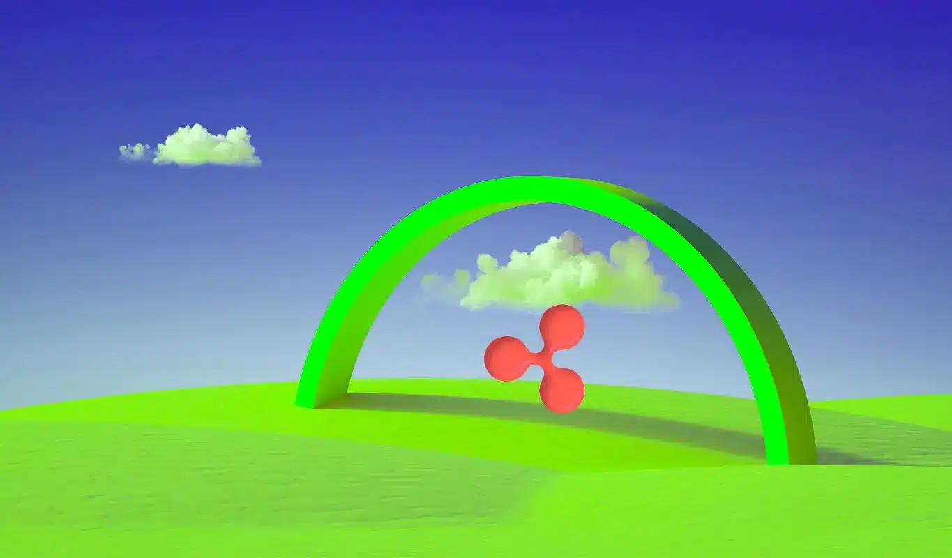 A colorful landscape featuring a green arch and a pink Ripple logo against a blue sky.