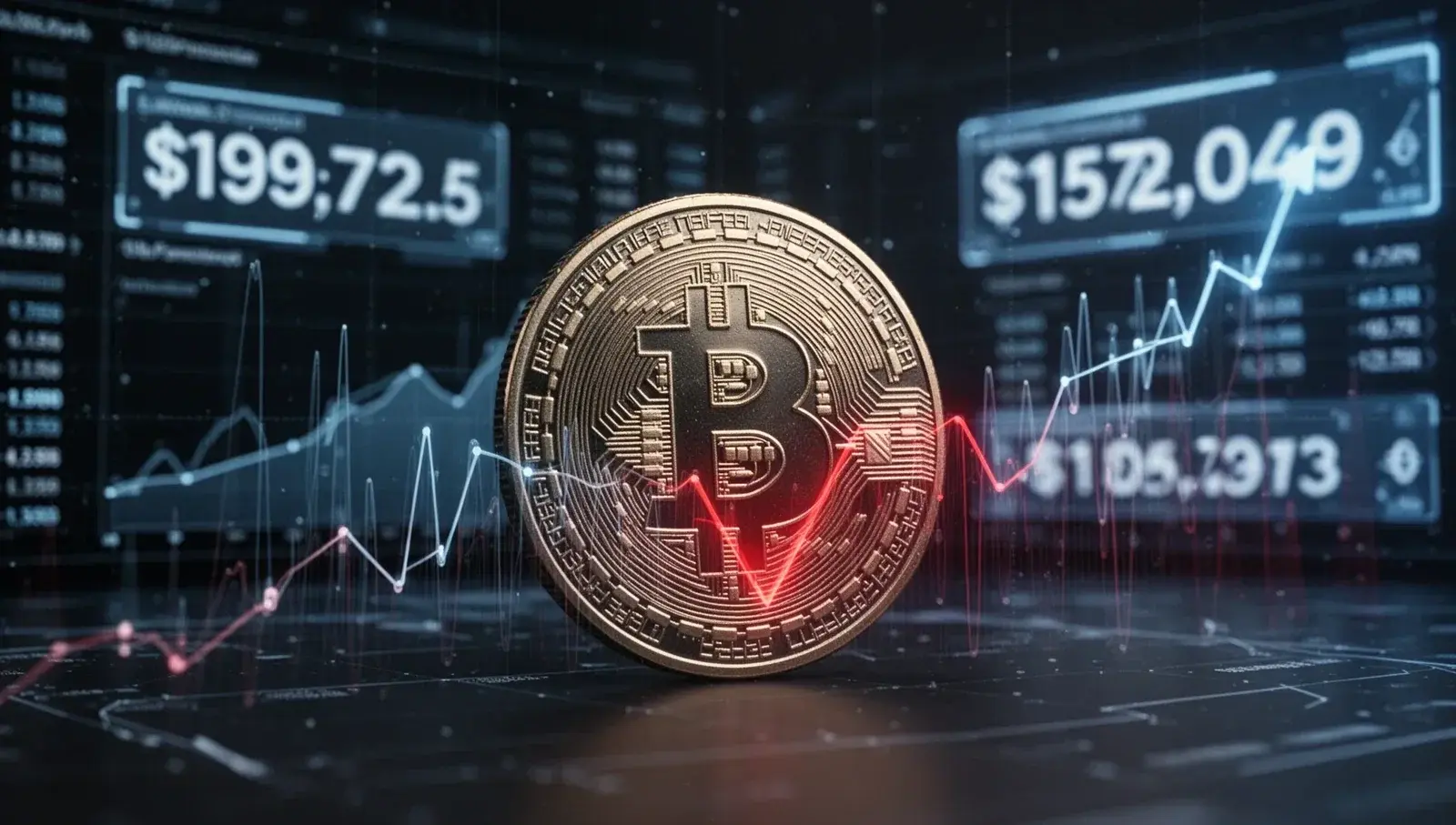 A golden Bitcoin coin in front of cryptocurrency charts and price data.