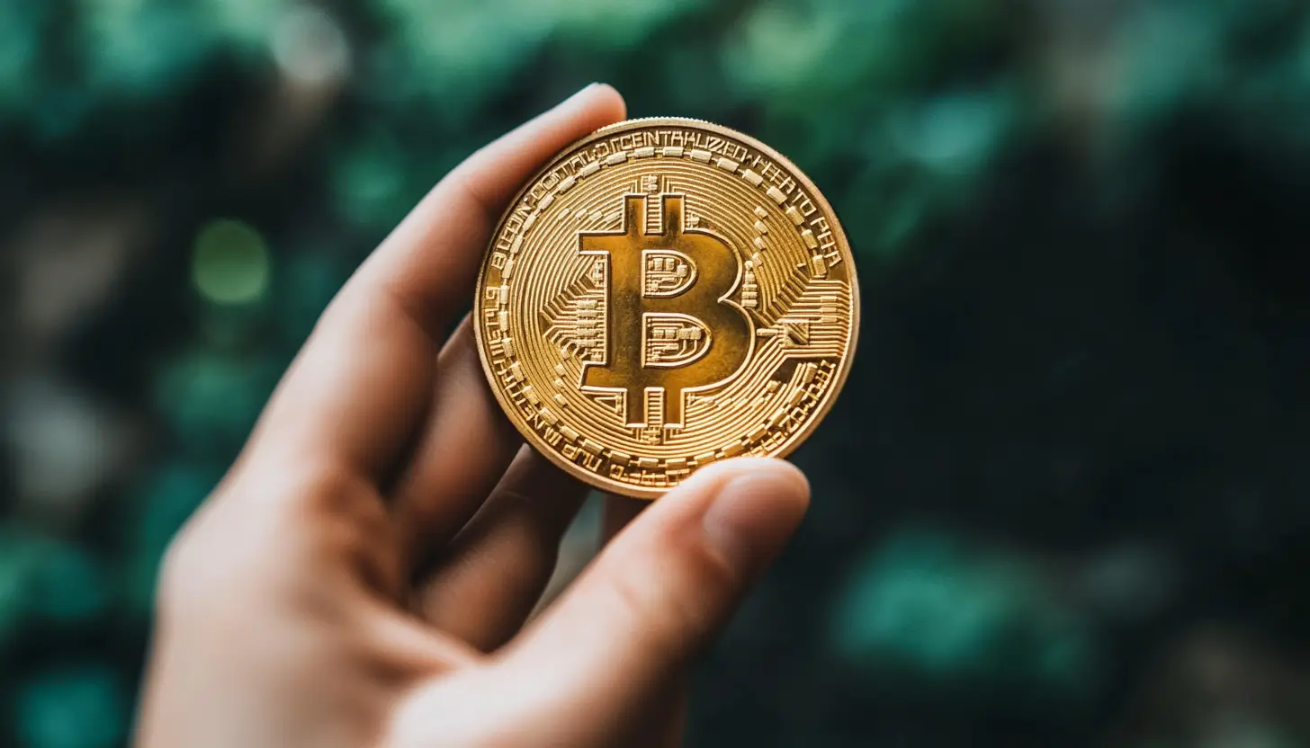手のひらに載せた金色のビットコイン実物大レプリカ
