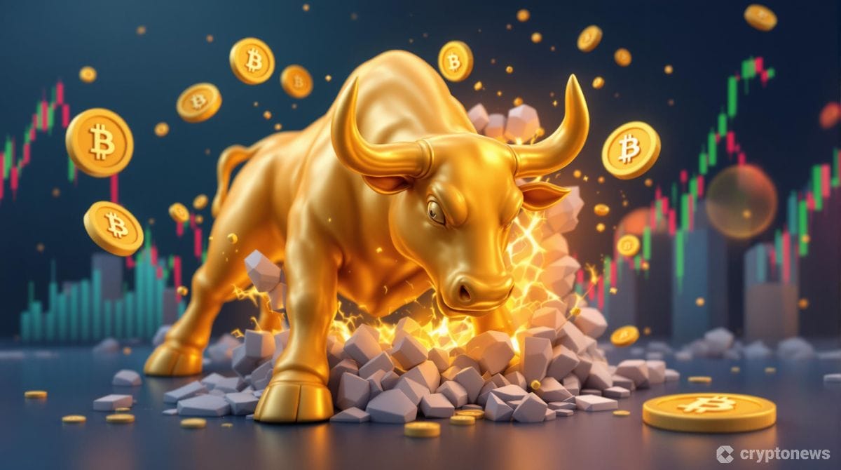 ビットコインの強気相場を象徴する黄金の雄牛のイラスト