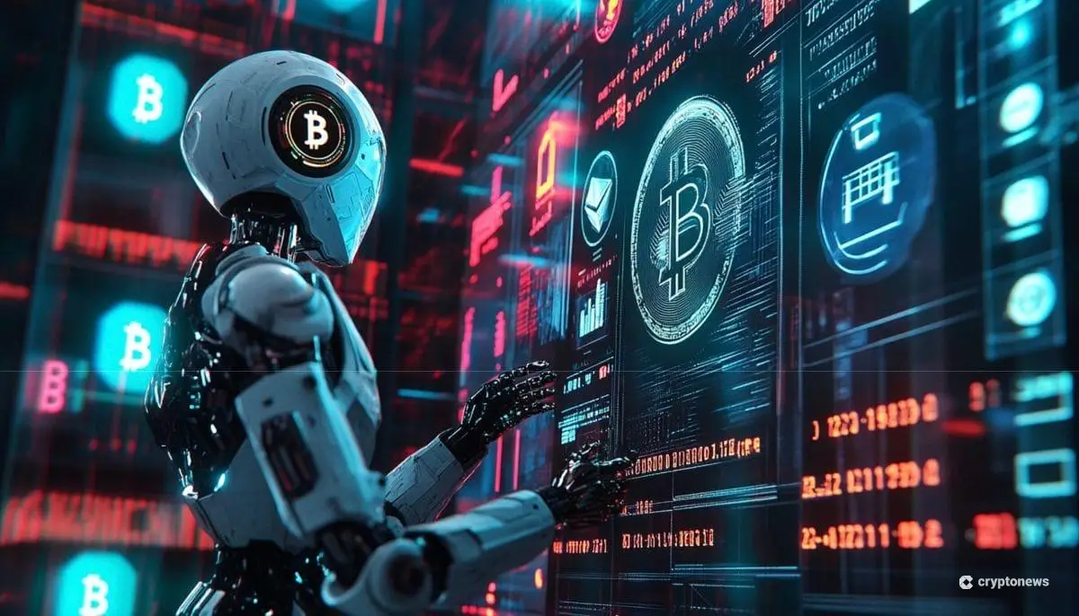 ビットコインのロゴが表示されたスクリーンを操作するAIロボット