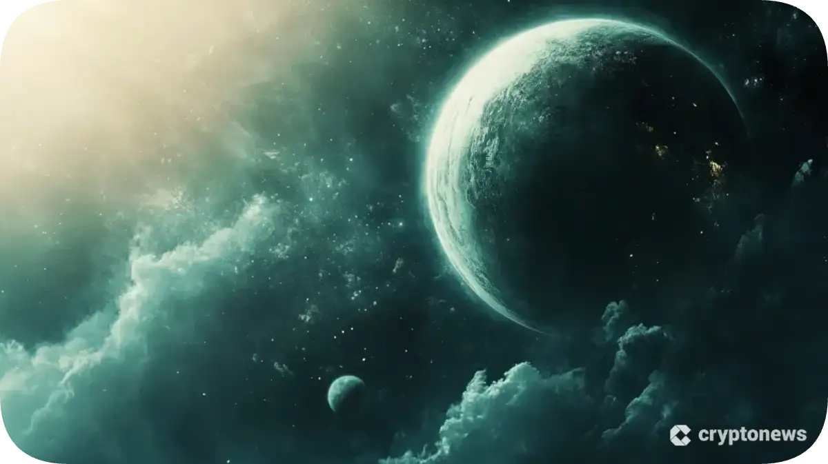 雲の果てに浮かぶ巨大な惑星と小さな月を描いた幻想的な宇宙風景
