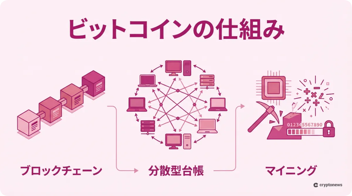 ビットコインの仕組みであるブロックチェーン、分散型台帳、マイニングを解説した図解