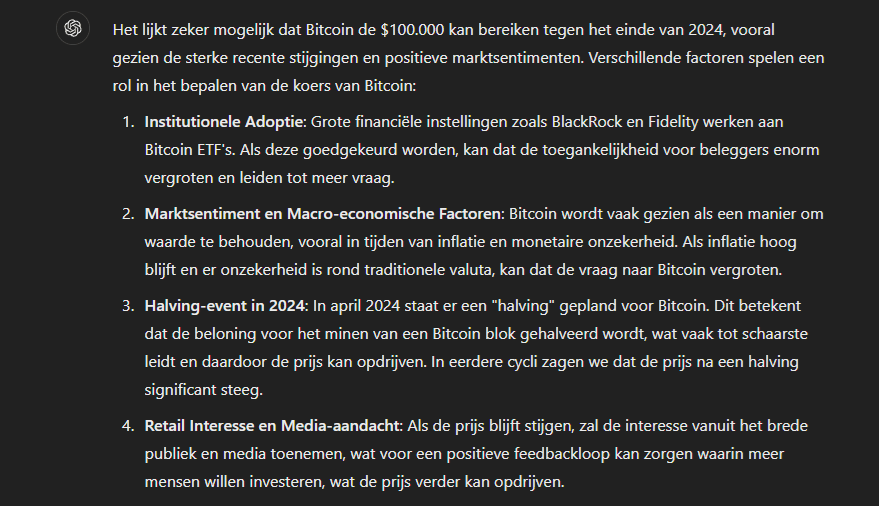 ChatGPT voorspelt mogelijke 100k Bitcoin koers