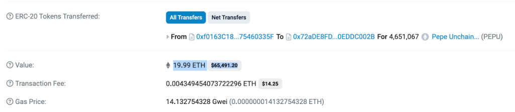 De transactie ter waarde van $48.000 - Bron: www.etherscan.io