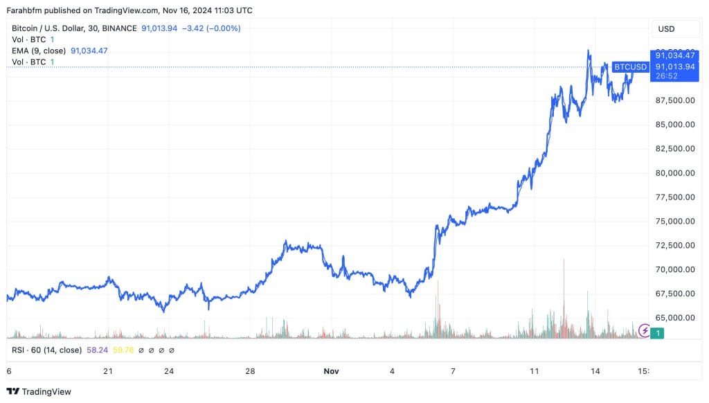Bitcoin koers heeft al een paar keer de $91.000 aangetikt - Bron: www.tradingview.com