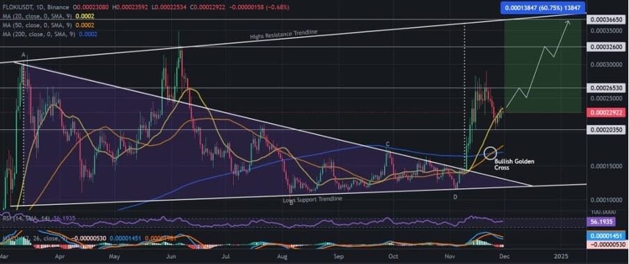 Floki koers afgelopen 30 dagen met driekhoekspatroon - Bron TradingView