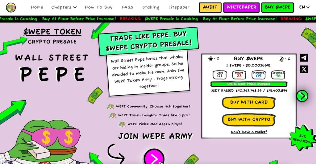Wall Street Pepe bereikt $40 mln mijlpaal in crypto presale – meest veelbelovende crypto voor 2025?