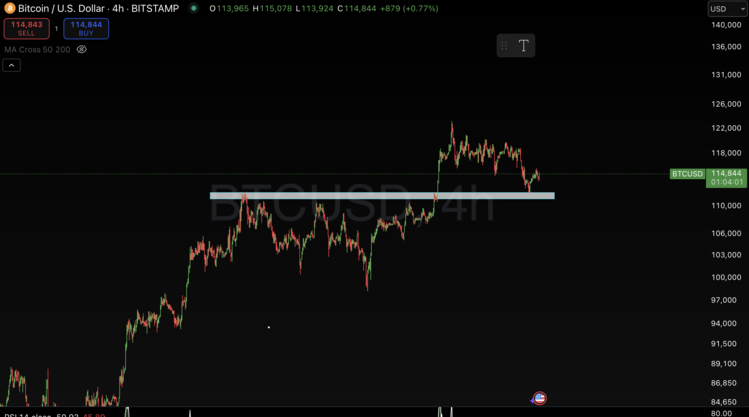 Bitcoin test opnieuw de steunzone rond $113.500 – een niveau waar eerder sterke koopdruk optrad. Bron: TradingView.