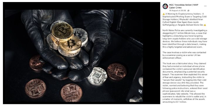 Bitcoin-munten vast, met andere cryptomunten verspreid op tafel als illustratie van crypto-fraude.