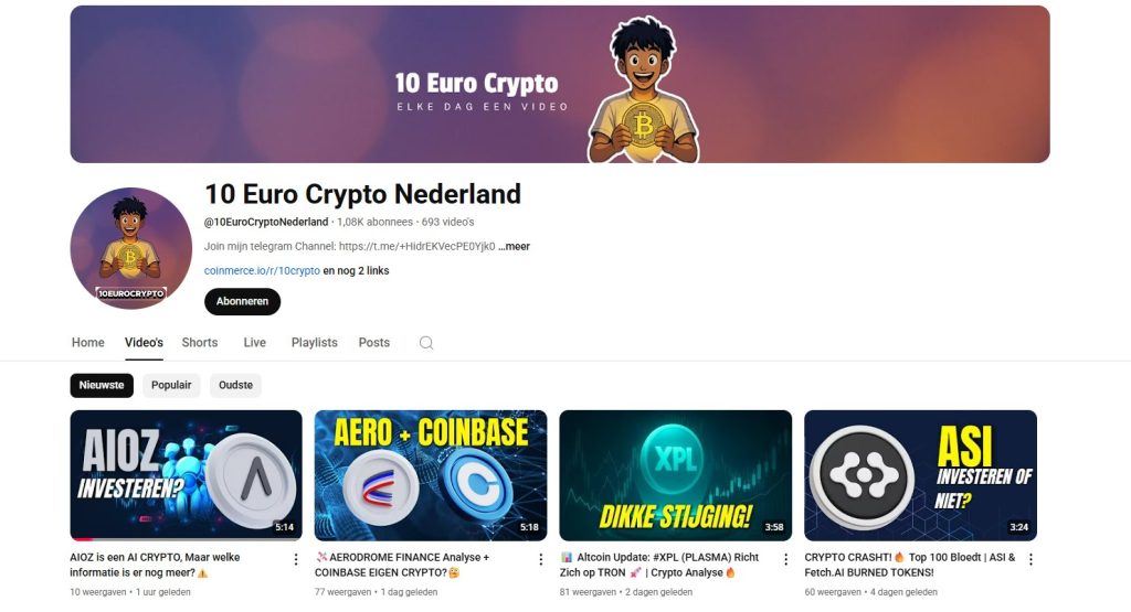 10 euro crypto Nederland pagina op youtube