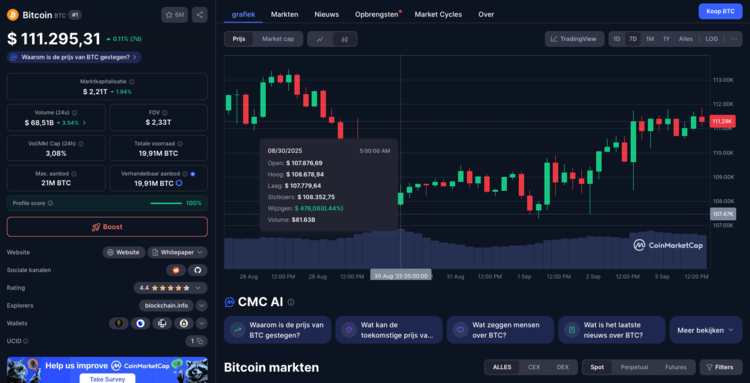 Grafiek toont stijgende Bitcoin koers tot $111.295, inclusief marktkapitalisatie, handelsvolume en prijsbewegingen over de afgelopen week.