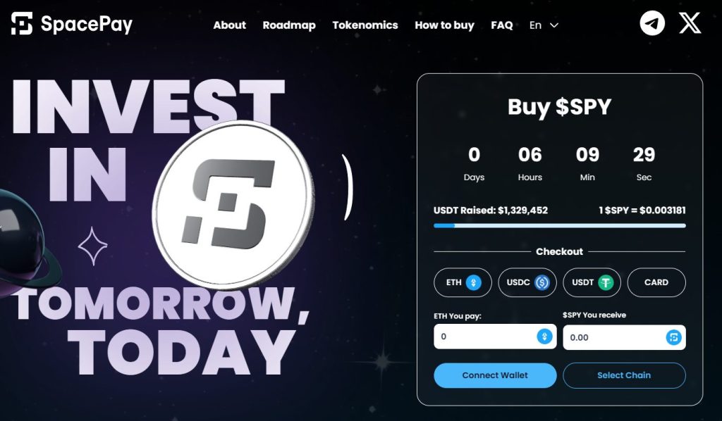 De SpacePay (SPY) presale landingspagina.