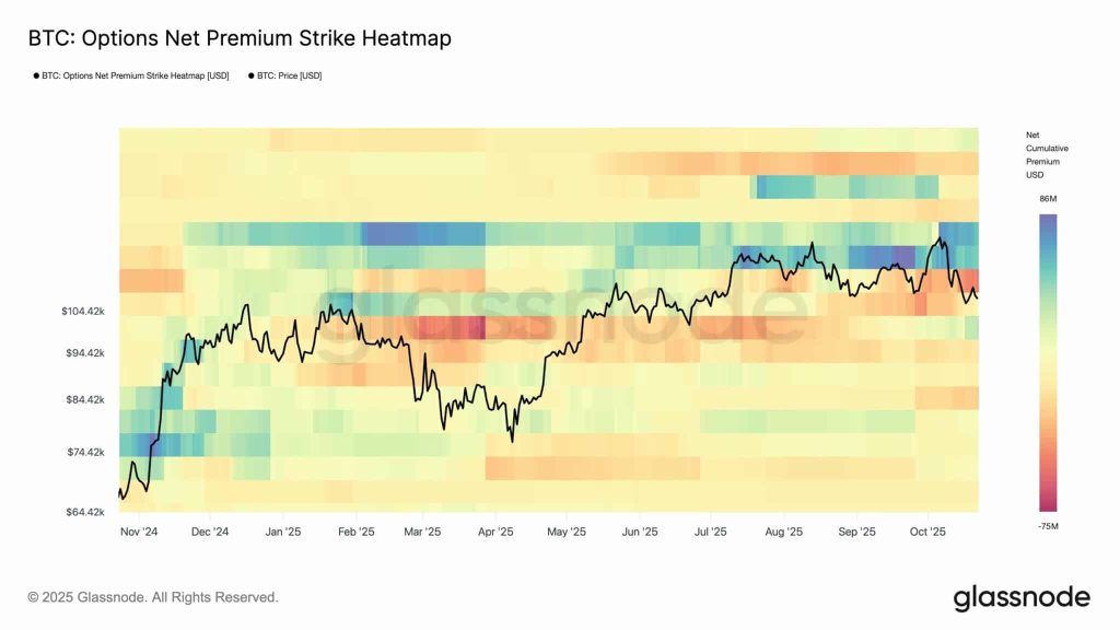 BTC: Options Net Premium Strike Heatmap. | Source: Glassnode
