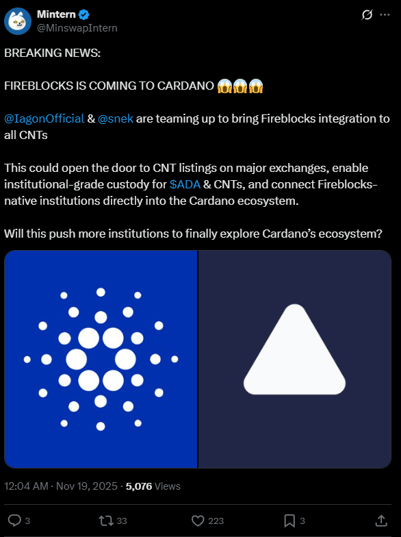 Cardano Fireblocks - Bron: X 