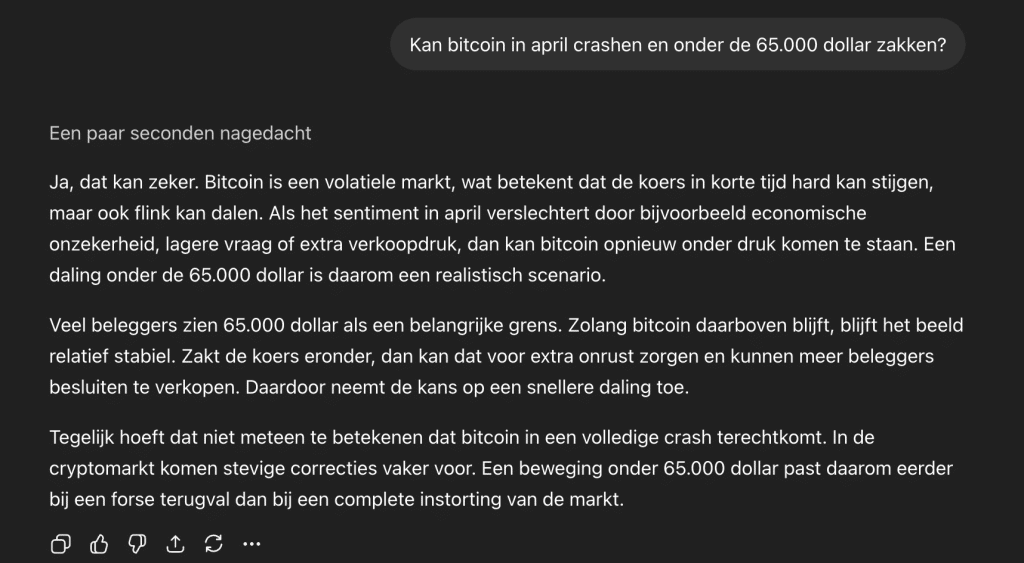 ChatGPT noemt een daling onder 65.000 dollar in april