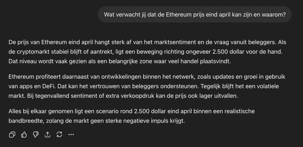 ChatGPT ziet 2.500 dollar als realistisch scenario voor Ethereum eind april.
