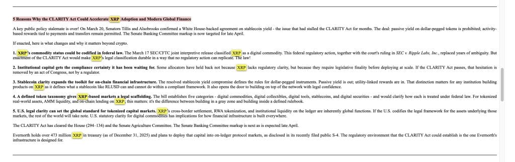 Evernorth XRP CLARITY ACT verwachting