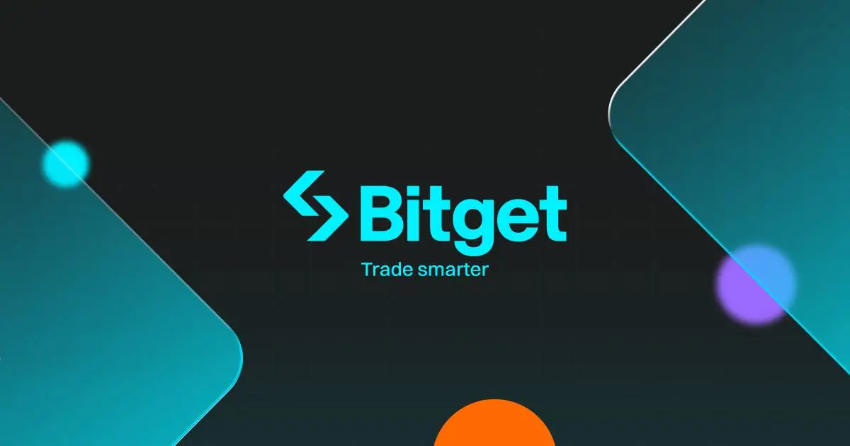 Het logo van Bitget met de tekst 'Trade smarter' tegen een donkere achtergrond met geometrische vormen.