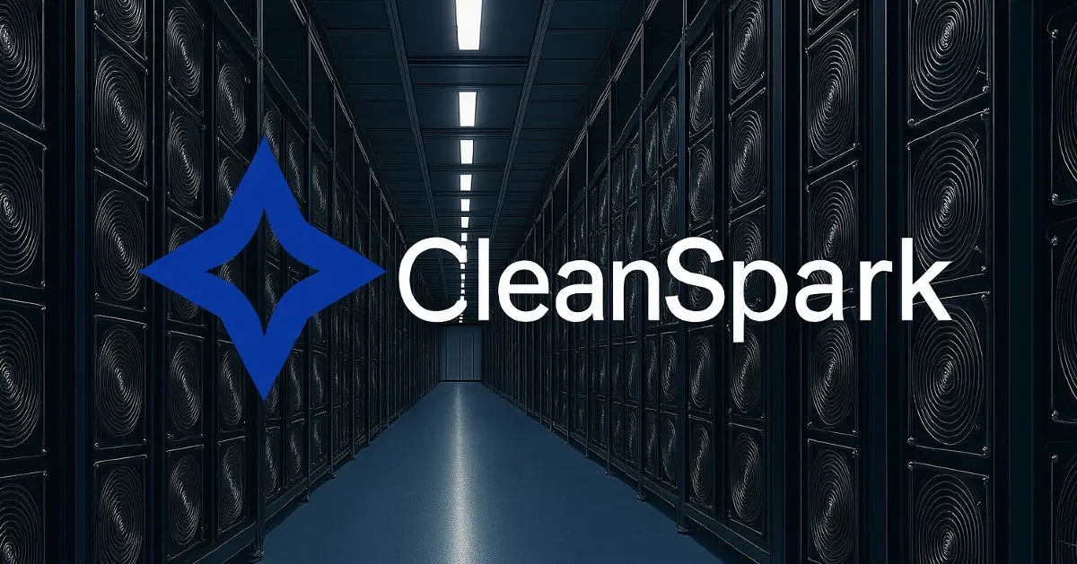 Het logo van CleanSpark voor een rij servers in een datacenter.