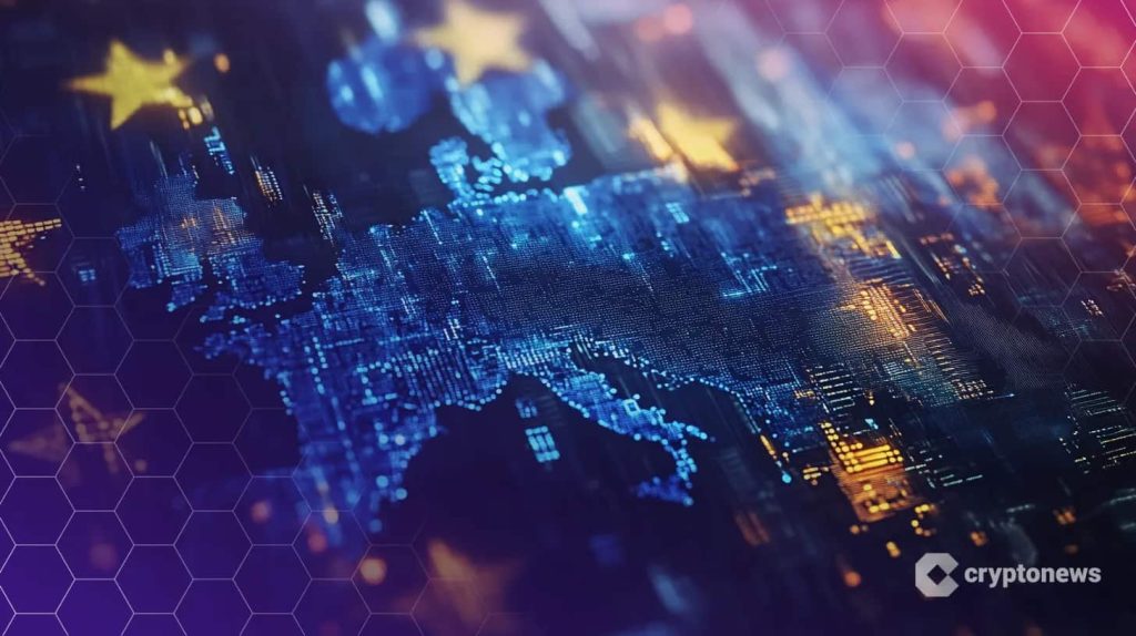 Digital karta över Europa med EU-stjärnor och teknologitema.