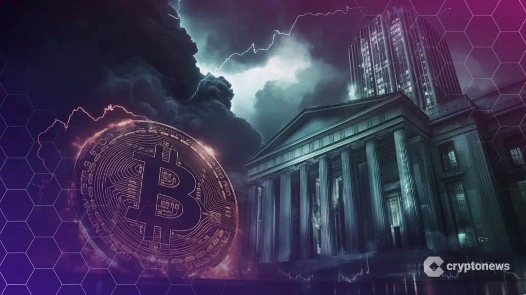 Dramatisk illustration av Bitcoin framför Federal Reserve-byggnad med stormmoln och åskblixtar i bakgrunden.