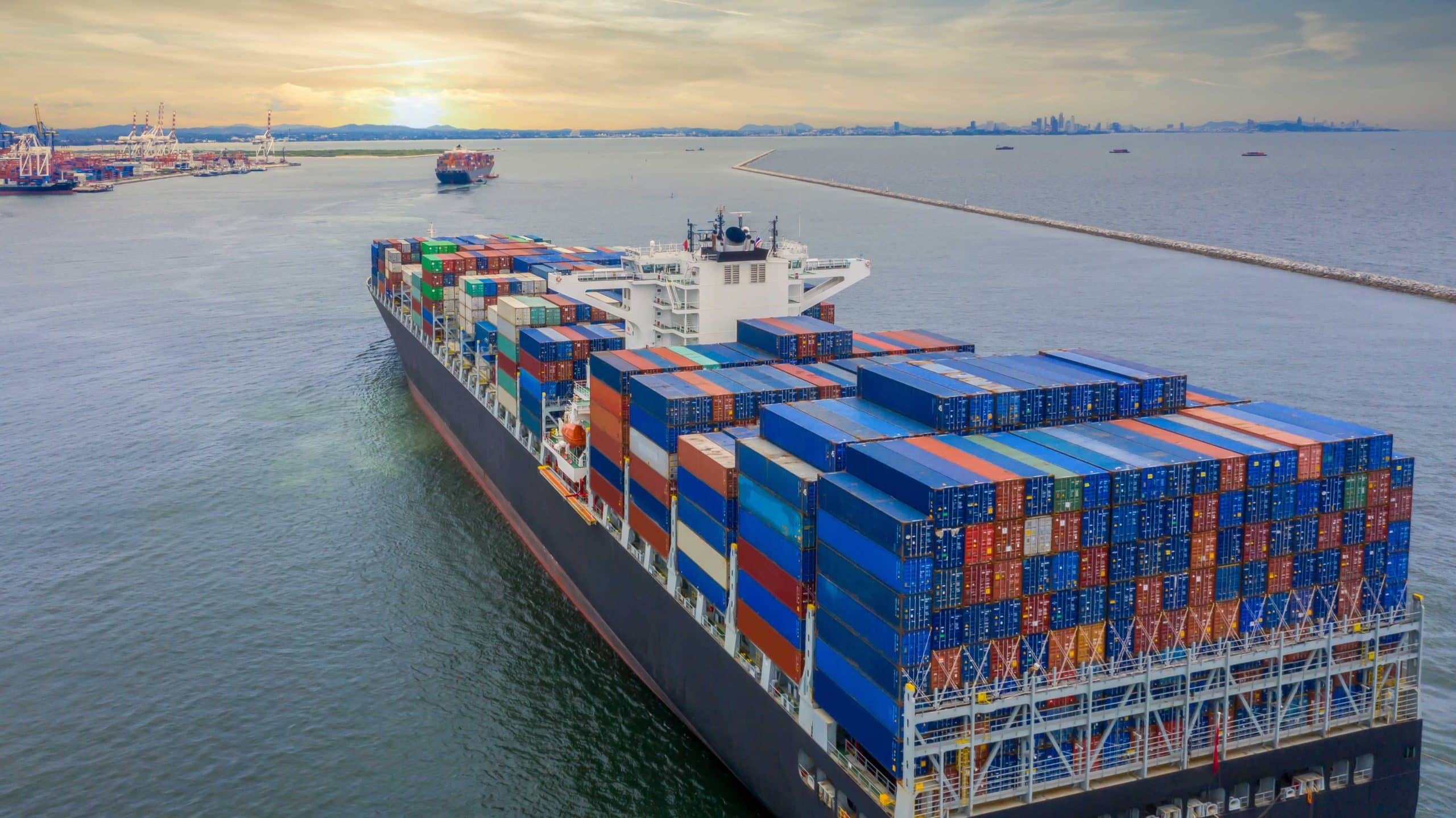 An image of a container ship, symbolizing global trade.