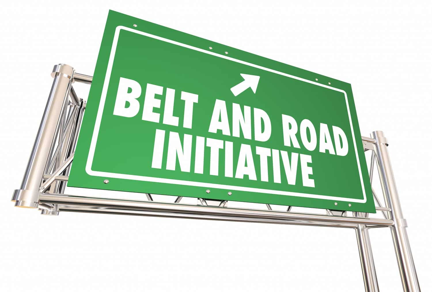 A green road sign that reads “Belt and Road Initiative”