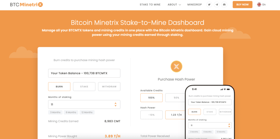 Bitcoin Minetrix stake-to-mine dashboard