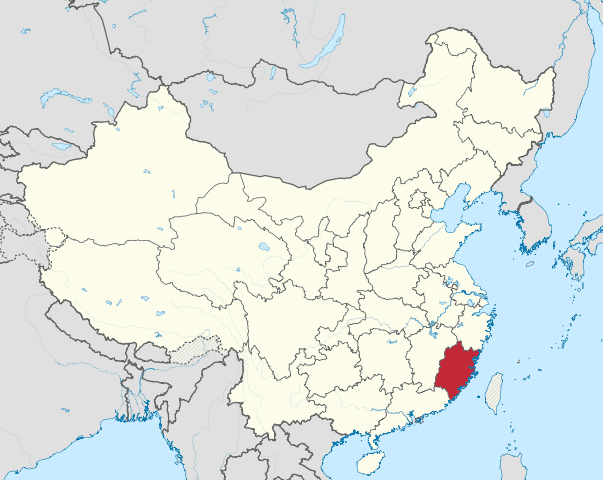 A map of China and Taiwan, with Fujian Province shaded in red.