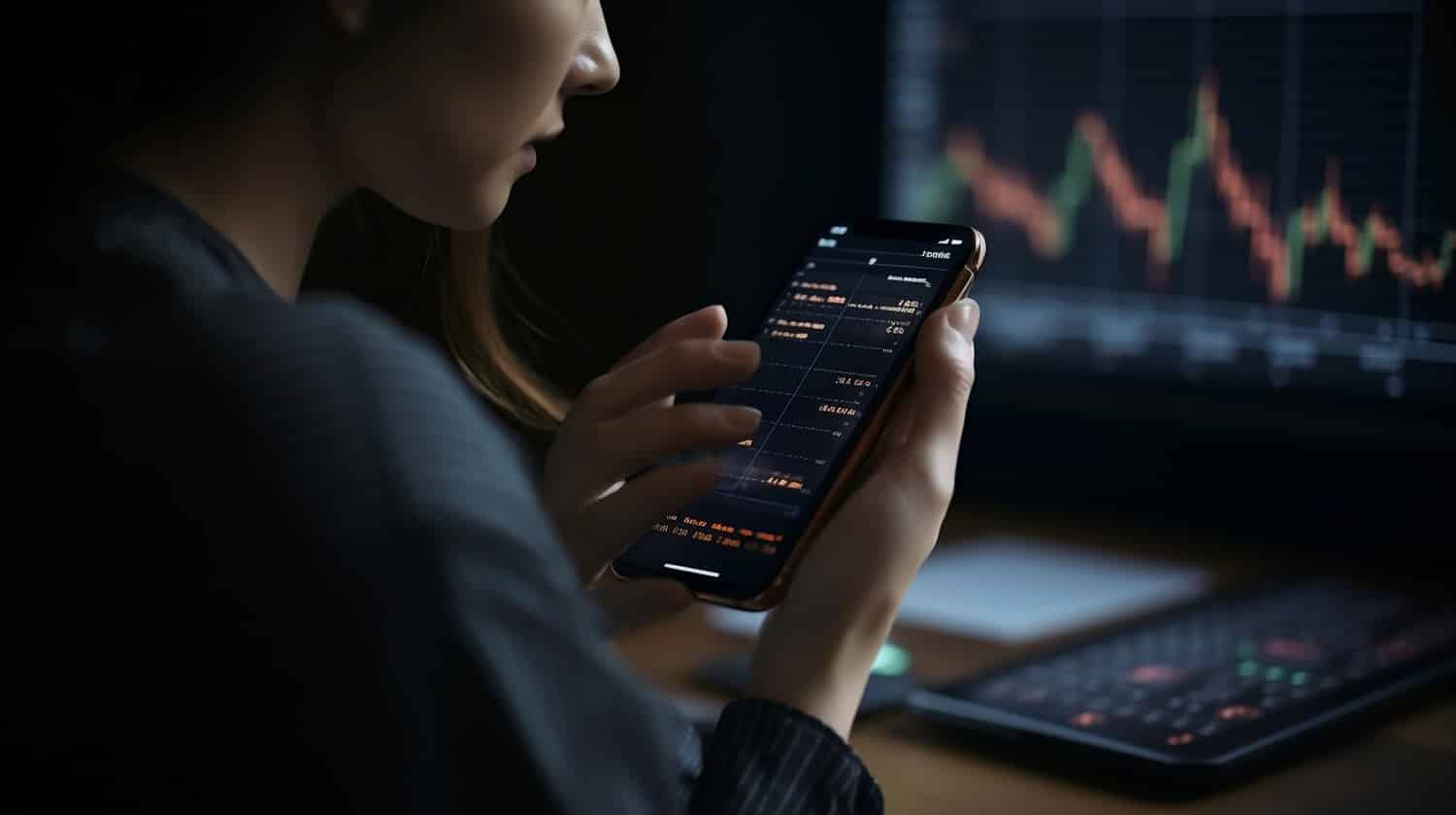 A woman uses a smartphone running a cryptocurrency exchange app.