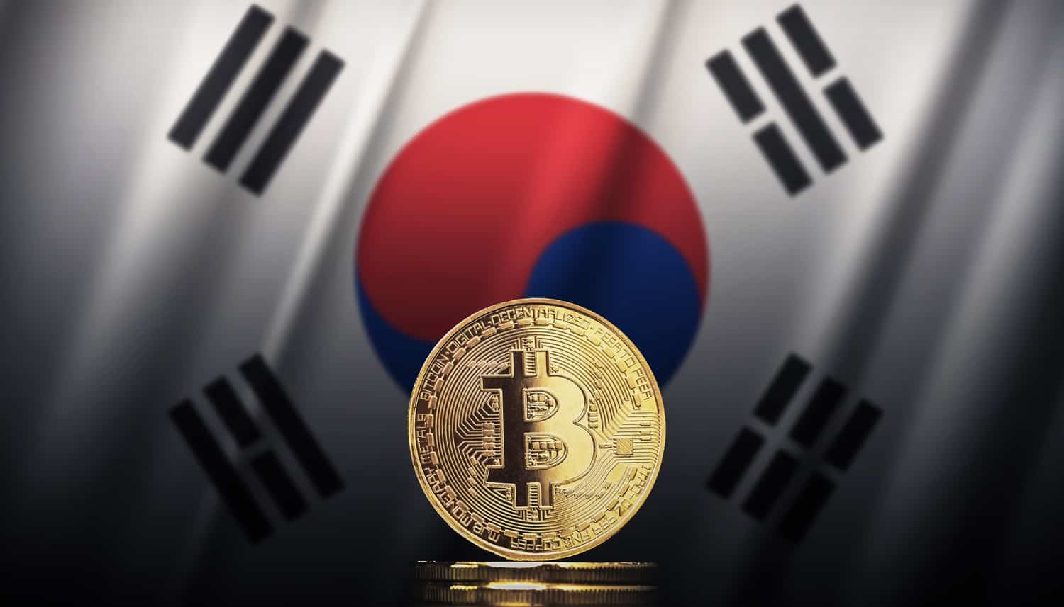 Tokens intended to represent Bitcoin against the backdrop of the national flag of South Korea.
